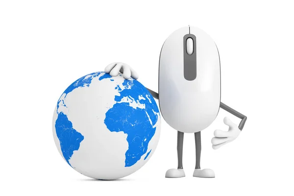 Computer Mouse Cartoon Person Character Maskot Earth Globe Bílém Pozadí — Stock fotografie
