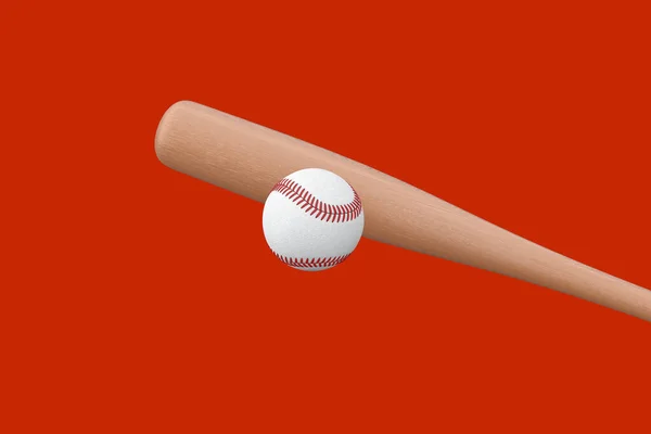 White Baseball Ball Wooden Bat Червоному Тлі Рендеринг — стокове фото