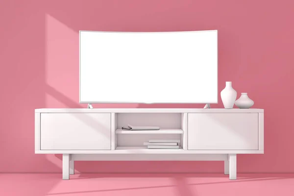 ホワイトモダンカーブ付きLedまたはLcdスマートテレビ画面ピンクの壁の背景にクレイスタイルでホワイトコンソールラック上のモックアップ 3Dレンダリング — ストック写真