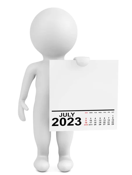 Charakter Holding Kalendář Červenec 2023 Rok Bílém Pozadí Vykreslování — Stock fotografie