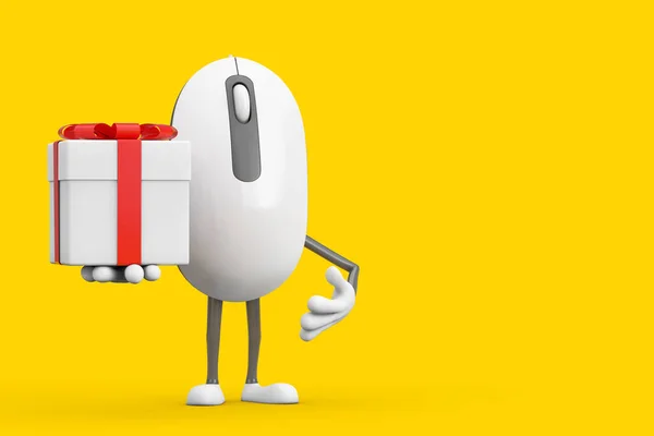 Computador Mouse Cartoon Pessoa Personagem Mascote Caixa Presente Com Fita — Fotografia de Stock