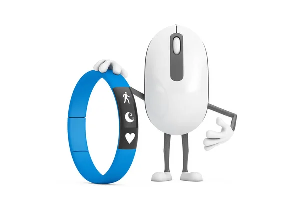 电脑鼠标卡通人物形象吉祥物与蓝色健康跟踪白色背景 3D渲染 — 图库照片