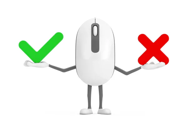 电脑鼠标卡通人物形象吉祥物与红十字会和绿色检查标志 确认或否认 是或没有图标白底签名 3D渲染 — 图库照片