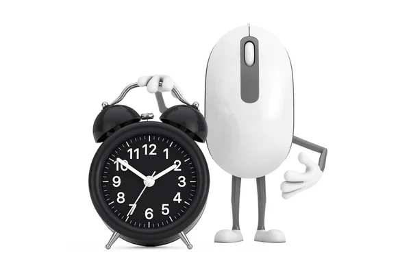 コンピュータマウス漫画の人物白い背景に目覚まし時計とキャラクターマスコット 3Dレンダリング — ストック写真
