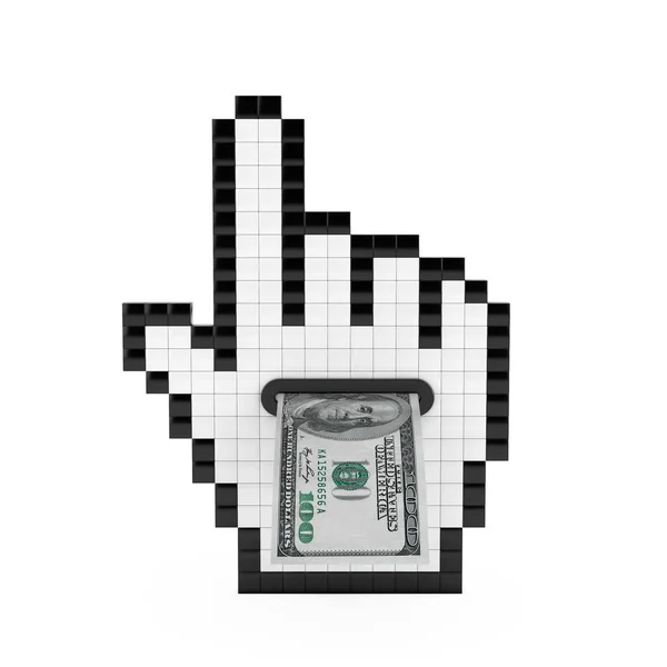 Pixel Hand Cursor Icon Com Notas Cem Dólares Fundo Branco — Fotografia de Stock