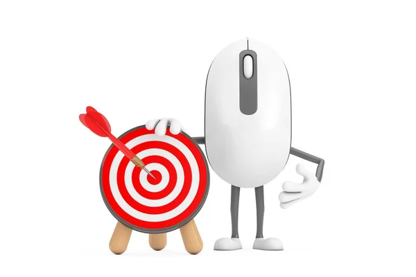 电脑鼠标卡通人物形象吉祥物与箭靶和飞镖在中间的白色背景 3D渲染 — 图库照片