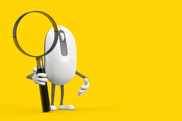 Computer Mouse Cartoon Person Character Mascot Magnifying Glass Жовтому Тлі — стокове фото