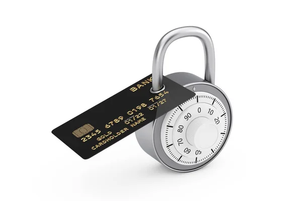 Security Combination Padlock Black Plastic Golden Credit Card Chip White — Stock Photo, Image