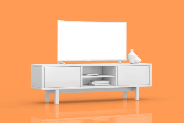 白色的现代曲线领导或液晶显示智能电视屏幕调校白色的控制台顶部 粘土风格 黄色背景 3D渲染 — 图库照片