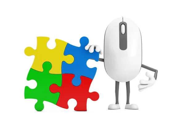 电脑鼠标卡通人物形象吉祥物与四个彩色拼图拼图拼图白色背景 3D渲染 — 图库照片
