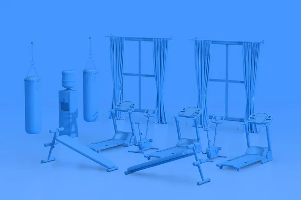 Blue Monochrome Duotone Gymnasium Room Interieur Met Ramen Oefenbanken Bokszakken — Stockfoto
