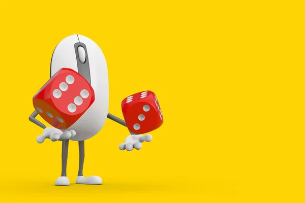 Computador Mouse Cartoon Person Personagem Mascote Com Red Game Dice — Fotografia de Stock