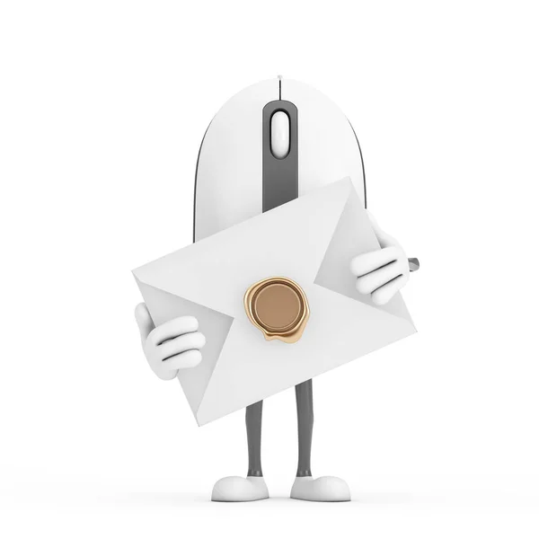 Computador Mouse Cartoon Person Personagem Mascote Com Envelope Branco Branco — Fotografia de Stock