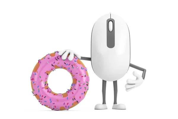 电脑鼠标卡通人物形象吉祥物与大草莓粉红在一个白色的背景 3D渲染 — 图库照片