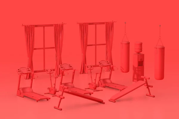 Red Monochrome Duotone Gymnasium Room Interior Com Janelas Bancos Exercícios — Fotografia de Stock