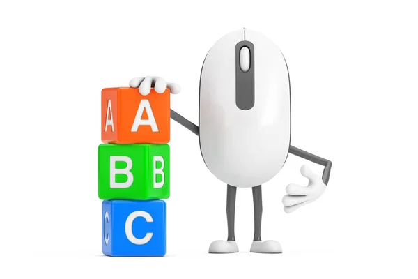 电脑鼠标卡通人物形象吉祥物与字母Abc教育立方体的白色背景 3D渲染 — 图库照片