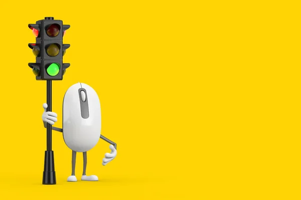 电脑鼠标卡通人物形象吉祥物与交通绿灯黄色背景 3D渲染 — 图库照片