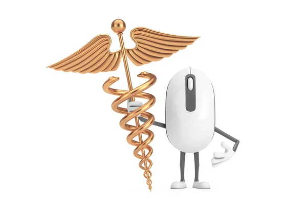 电脑鼠标卡通人物形象吉祥物与黄金医学卡杜斯符号的白色背景 3D渲染 — 图库照片