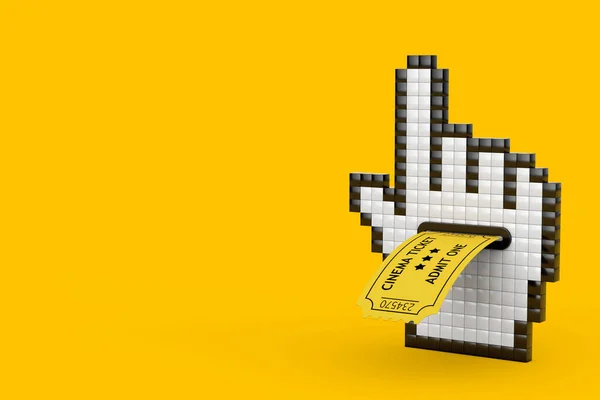 Ícone Cursor Mão Pixel Com Ingresso Cinema Amarelo Fundo Amarelo — Fotografia de Stock