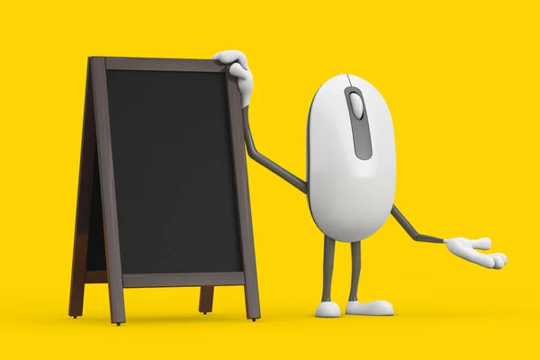 电脑鼠标卡通人物形象吉祥物与空白木菜单黑板户外显示黄色背景 3D渲染 — 图库照片