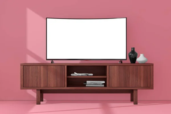 現代の湾曲したLedまたはLcdスマートテレビ画面ピンクの壁の背景に木製コンソールラックの上のモックアップ 3Dレンダリング — ストック写真