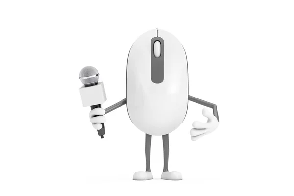 电脑鼠标卡通人物形象吉祥物与现代铬麦克风的白色背景 3D渲染 — 图库照片