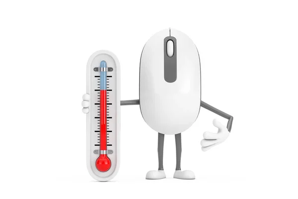 コンピュータマウス漫画人物白い背景に屋外温度計とキャラクターマスコット 3Dレンダリング — ストック写真