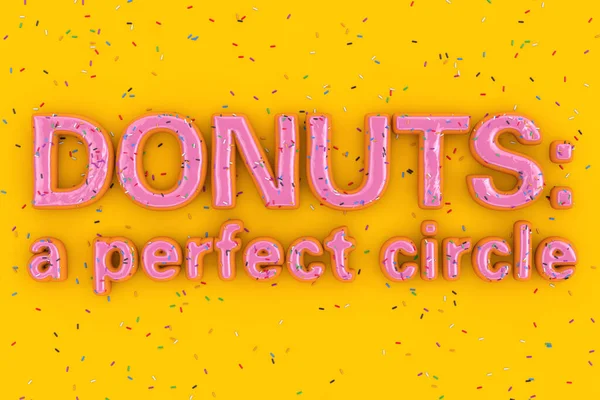 甜甜圈 一个完美的圆形销售标志 形状为黄色背景的大草莓粉红带斑点的甜甜圈 3D渲染 — 图库照片