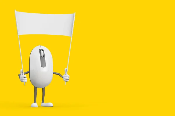 电脑鼠标卡通人物形象吉祥物和空白白白横幅与您的设计空间黄色背景 3D渲染 — 图库照片