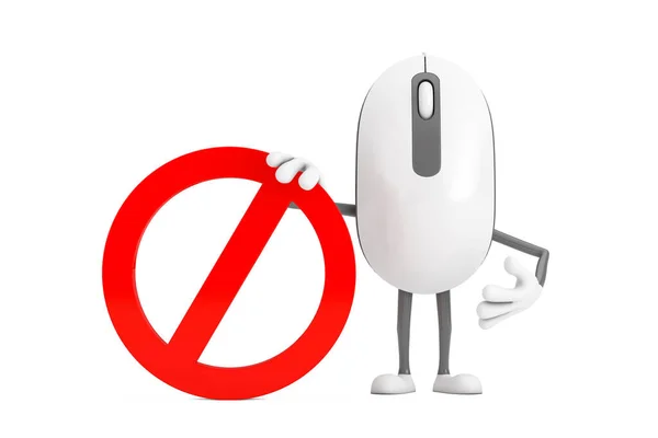 电脑鼠标卡通人物形象吉祥物与红色禁令或禁止签署的白色背景 3D渲染 — 图库照片