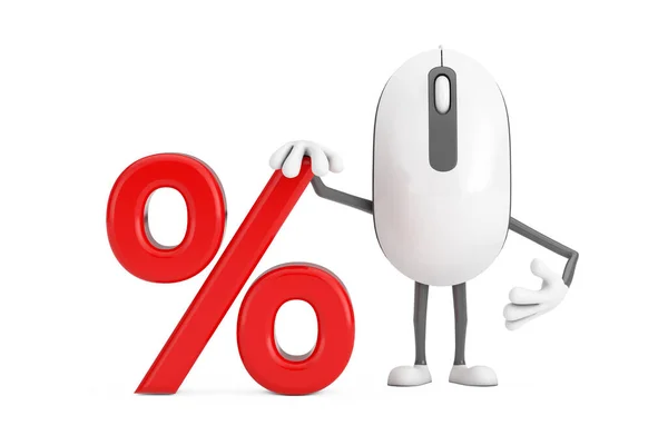 电脑鼠标卡通人物形象吉祥物与红色零售百分比销售或折扣标志的白色背景 3D渲染 — 图库照片
