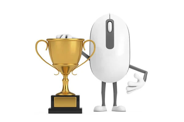 电脑鼠标卡通人物形象吉祥物与金像奖奖杯白色背景 3D渲染 — 图库照片