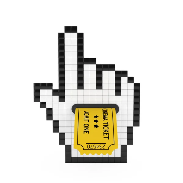 Pixel手光标图标 白色背景的黄色电影票 3D渲染 — 图库照片