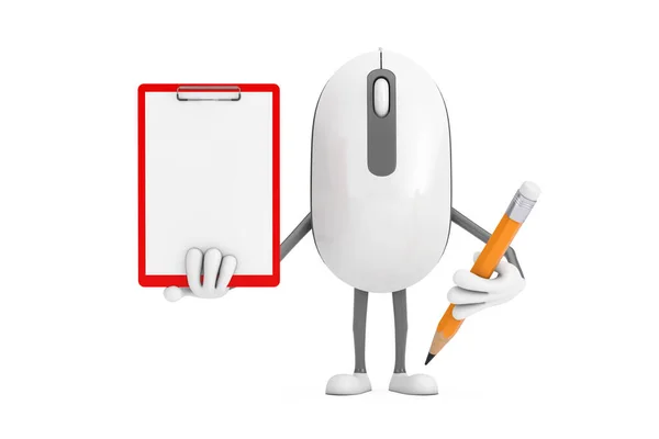 コンピュータマウス漫画人物白い背景に赤いプラスチッククリップボード 紙と鉛筆でキャラクターマスコット 3Dレンダリング — ストック写真