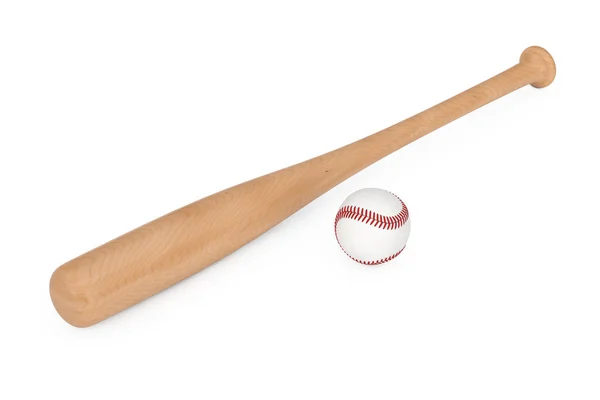 白い背景に白い野球ボールと木製のバット 3Dレンダリング — ストック写真