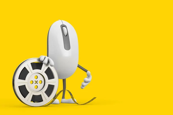 Computer Mouse Cartoon Person Character Mascot with Film Reel Cinema Tape on a yellow background. 3d Rendering