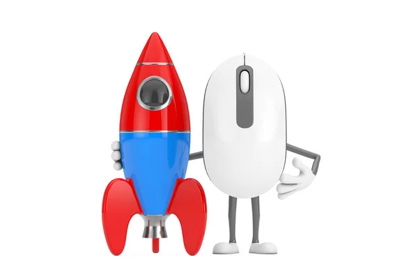 컴퓨터 마우스 카툰인 캐릭터 마스코트와 로켓은 하얀색 배경을 가지고 있습니다 — 스톡 사진