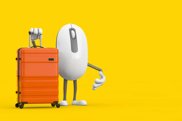 黄色の背景にオレンジ旅行のスーツケースとコンピュータマウス漫画人キャラクターマスコット 3Dレンダリング — ストック写真
