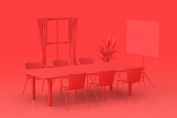 レッドモノクロームDuotoneオフィス会議室赤い背景にウィンドウ テーブル 椅子や投影画面とモダンなインテリア 3Dレンダリング — ストック写真