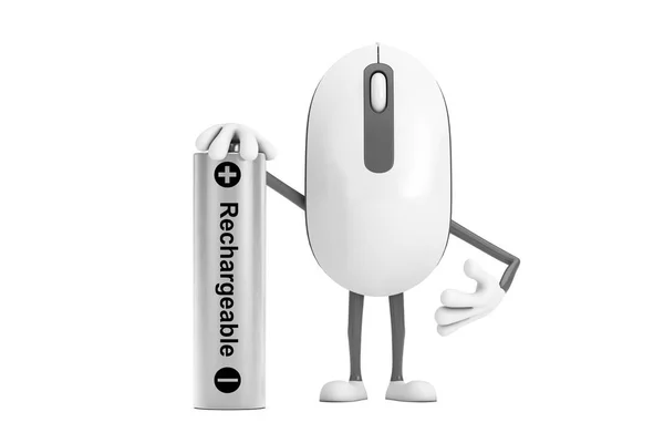 电脑鼠标卡通人物形象吉祥物与可充电电池的白色背景 3D渲染 — 图库照片