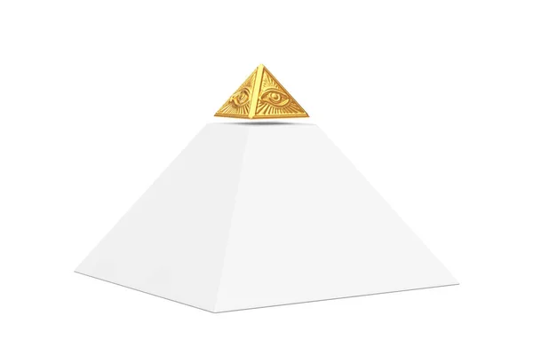 黄金のトップのマゾニックシンボルを持つ白いピラミッド白い背景にすべての目のピラミッド三角形を見て 3Dレンダリング — ストック写真