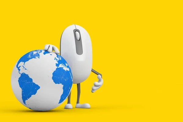 Computer Mouse Cartoon Person Character Maskot Earth Globe Žlutém Pozadí — Stock fotografie