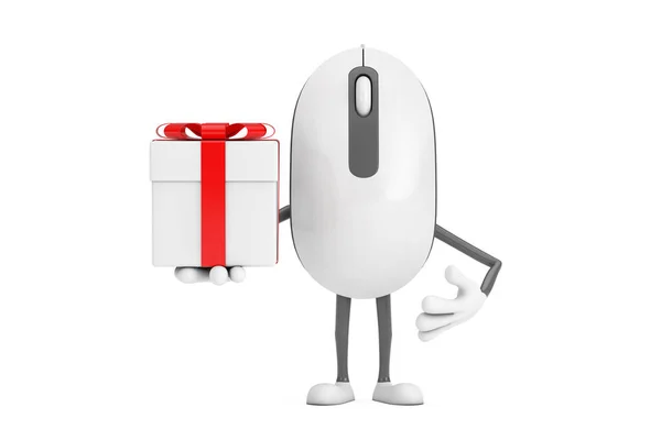 Computer Mouse Cartoon Person Character Mascot Gift Box Red Ribbon — Stock Photo, Image