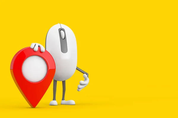 Computer Mouse Cartoon Person Character Mascot with Red Target Map Pointer Pin on a yellow background. 3d Rendering