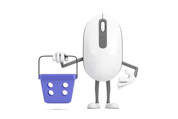 Computer Mouse Cartoon Person Character Mascot with Cartoon Shopping Basket on a white background. 3d Rendering