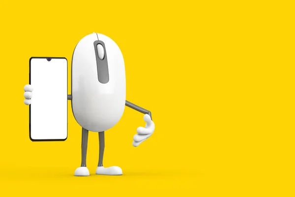 コンピュータマウス漫画の人物キャラクターマスコットと黄色の背景にあなたのデザインのための空白の画面を持つ現代の携帯電話 3Dレンダリング — ストック写真