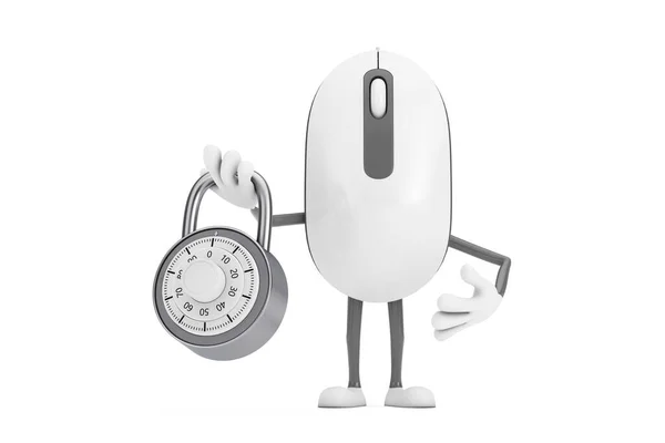 Computer Mouse Cartoon Person Character Mascot Silver Combination Padlock White — Stock Photo, Image