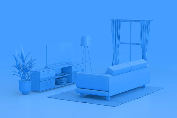 Синий Монохромный Номер Duotone Modern Interior Окном Телевизором Ковром Софой — стоковое фото