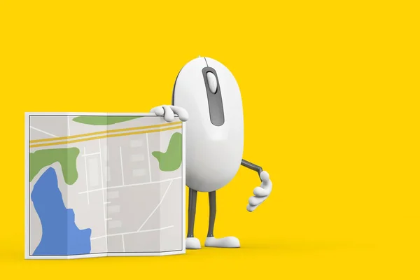 Computer Mouse Cartoon Person Character Mascot Med Abstrakt Stadsplan Karta — Stockfoto