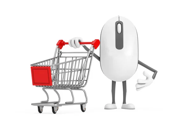 Computer Mouse Cartoon Persoon Karakter Mascotte Met Winkelwagen Trolley Een — Stockfoto